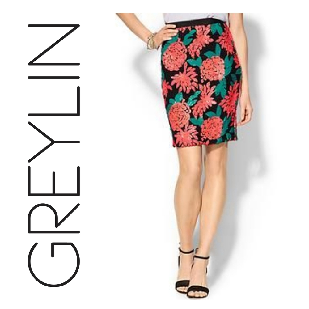 Anthropologie: Greylin Floral Sequin Pencil Skirt